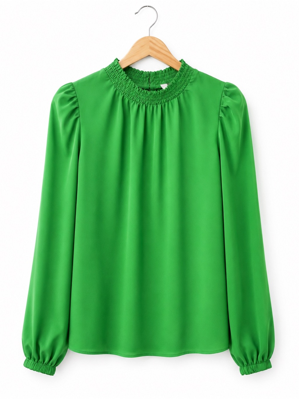 MELLODAY Green Smocked Neck Blouse Puff Sleeve Career Office Chic Top Large